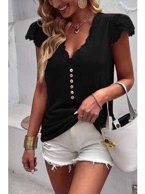 Mossta V Yaka Düğmeli Viskon Bluz  - Siyah