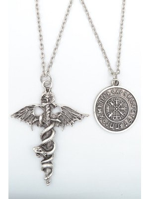 Alooya 2'li Kılıç Yarasa Yılan - Viking Pusula Gümüş Kaplama Kolye Seti