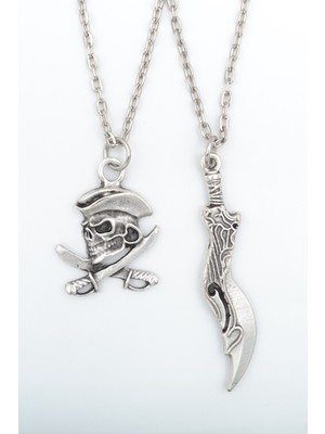 Alooya 2'li Kuru Kafa Korsan - Korsan Kılıç Gümüş Kaplama Kolye Seti