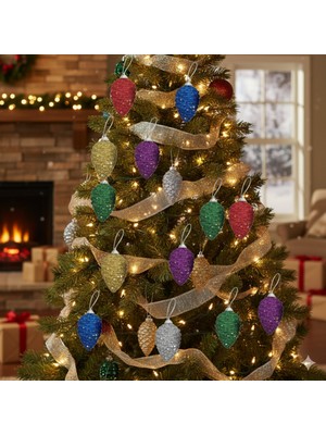 Empressco Kozalak Süsleri, Simli, Kırmızı, 6cm, 6'lı Set, Yılbaşı Ağacı Dekorasyonu