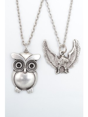 Alooya 2'li Baykuş - Kartal Gümüş Kaplama Kolye Seti