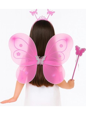 Buğz Pembe Kelebek Kız Seti – 50 cm Kelebek Kanadı, Taç ve Asa
