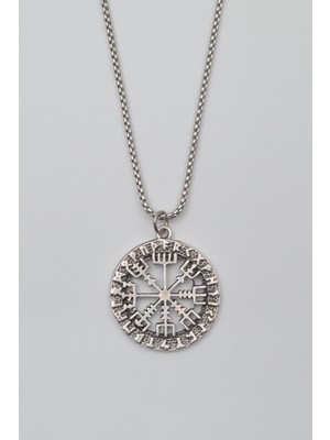 Alooya Viking Pusula Kolye (Vegvisir) - Örme İthal Zincirli Unisex Gümüş Kaplama - 60 cm
