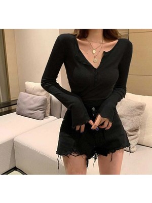 Siyah Uzun Kollu Düğmeli Yaka Street Y2K Uzun Kollu Bluz