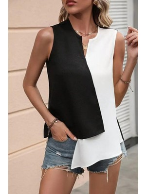 Mossta Kolsuz Renk Bloklu V Yaka Dökümlü Bluz Siyah