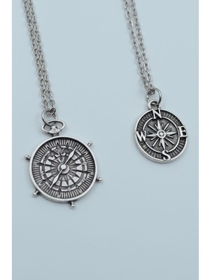 Alooya 2'li Antik Pusula Minimal Pusula Gümüş Kaplama Kolye Seti