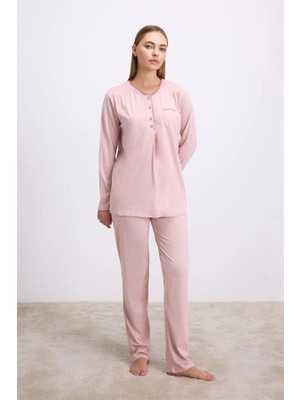 Will Like Gül Kurusu Modal Pamuklu Uzun Kollu Düğmeli 2'li Pijama Takımı