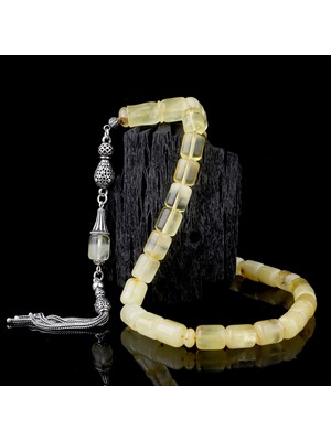 Kapsül Kesim Damla Kehribar Tesbih 925 Ayar Gümüş Püsküllü