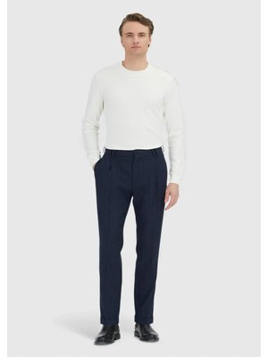 Ramsey Lacivert Çizgili Dokuma Regular Fit Casual Yün Karışımlı Pantolon