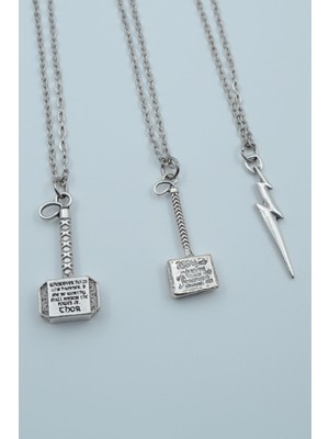 Alooya 3'lü Thor Çekiç Flash Şimşek Gümüş Kaplama Kolye Seti