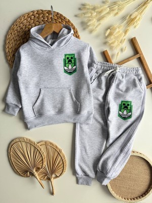 Noble Kids Minecraft Temalı Gri Çocuk Takımı – Kapüşonlu Sweatshirt & Çift Cepli Jogger Alt, 3–10 Yaş