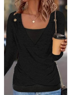 Mossta V Yaka Düğme Detaylı Yumoş Bluz  - Siyah