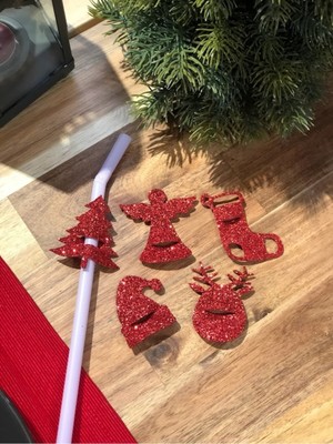 Empressco Yılbaşı Temalı 10 Adet Simli Figürlü Pipet Süsü Kırmızı Renkli