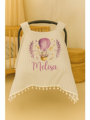 Moda Lime Kişiye Özel Balon ve Çiçek Desenli Bebek Puset Örtüsü – Isim Yazılı, %100 Pamuk