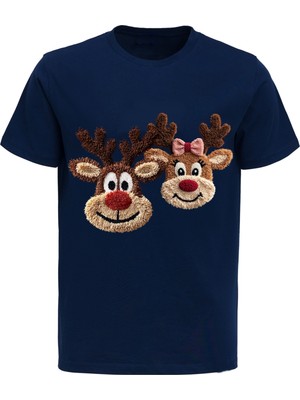 Efendioğlu Design 2 Geyik Nakış Görüntülü Baskılı Yılbaşı Yeni Yıl Baskılı Pamuklu Yetişkin Tişört