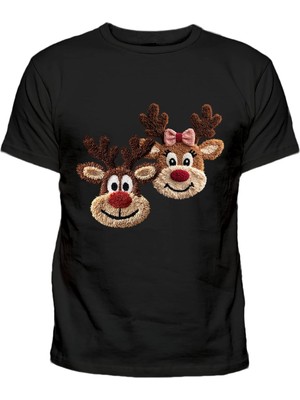 Efendioğlu Design 2 Geyik Nakış Görüntülü Baskılı Yılbaşı Yeni Yıl Baskılı Pamuklu Yetişkin Tişört