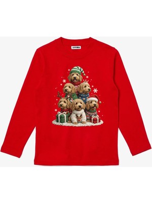 Efendioğlu Design Uzun Kollu Köpekler Yeni Yıl Yılbaşı Ağacı Baskılı Christmas Baskılı Pamuklu Çocuk Tişört