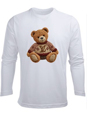 Efendioğlu Design Uzun Kollu Nakış Görünümlü Kazak Giymiş Ayı Baskılı Pamuklu Çocuk Tişört