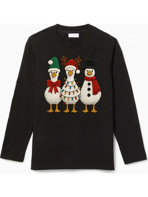 Efendioğlu Design Uzun Kollu 3 Ördek Yeni Yıl Yılbaşı Christmas Baskılı Pamuklu Çocuk Tişört