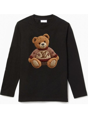 Efendioğlu Design Uzun Kollu Nakış Görünümlü Kazak Giymiş Ayı Baskılı Pamuklu Çocuk Tişört