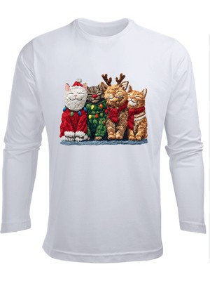 Efendioğlu Design Uzun Kollu 4 Kedi Yeni Yıl Yılbaşı Christmas Baskılı Pamuklu Çocuk Tişört