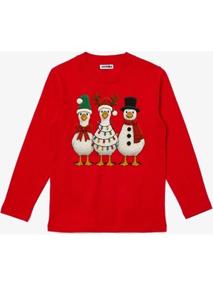Efendioğlu Design Uzun Kollu 3 Ördek Yeni Yıl Yılbaşı Christmas Baskılı Pamuklu Çocuk Tişört