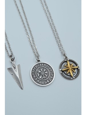 Alooya 3'lü Triagle Ok Ucu Viking Pusula Tılsım Gümüş Kaplama Kolye Seti