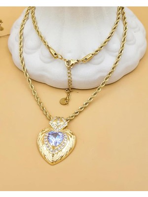 Nevoka Zirkon Taşlı Burma Zincir Kalp Çelik Kolye