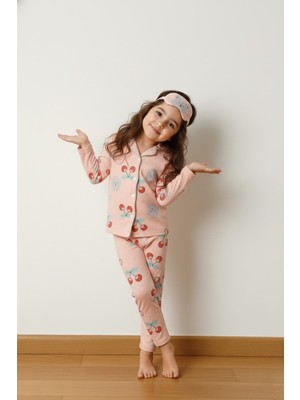 Furyatex Kız Çocuk Kiraz Desenli Pijama Takımı - Uyku Bandı Hediyeli