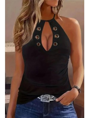 Mossta Boyundan Bağlamalı Kuş Gözü Detaylı Viskon Bluz - Siyah