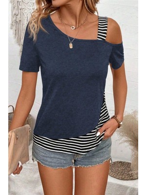 Mossta Tek Omuz Açık Çizgili Detaylı Viskon Bluz  - Lacivert