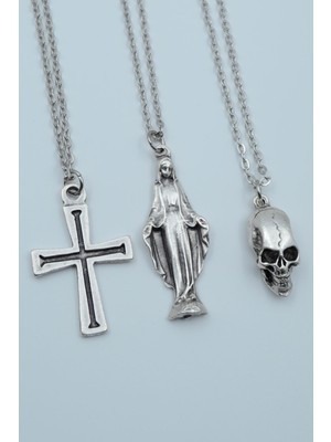 Alooya 3'lü Kuru Kafa Haç Meryem Ana Gümüş Kaplama Kolye Seti