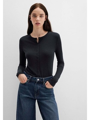 Mavi Düğme Detaylı Siyah Uzun Kollu Tişört 1613652-80022