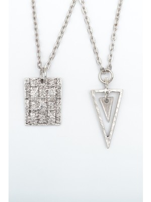 Alooya 2'li Trend Desenli Levha - Sallantılı Üçgen Gümüş Kaplama Kolye Seti