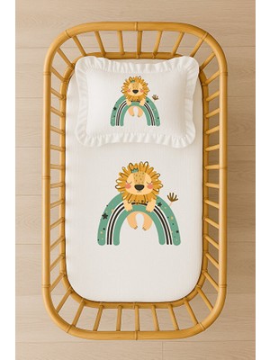 Moda Lime Aslan ve Gökkuşağı Temalı Bebek Nevresim Takımı Içi Dolgulu Fırfırlı Yastıklı Unisex Tasarım