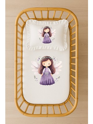 Moda Lime Mor Elbiseli Melek Kız Illüstrasyonlu Bebek Nevresim Takımı Içi Dolgulu Fırfırlı Yastıklı