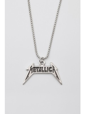 Alooya Metallica Yazılı Kolye - Örme İthal Zincirli Unisex Gümüş Kaplama - 60 cm