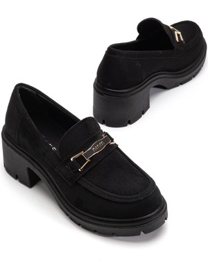 Dilimler Ayakkabı Siyah Süet Kadın Kalın Topuklu Günlük Ayakkabı Kalın Taban Tokalı