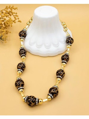 Nevoka Gold Çubuk Detaylı Kahve Leopar Kolye