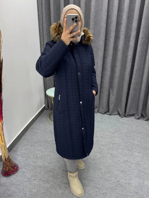 TUTveAL Collection Kadın Içi Kürklü Mont Uzun Kapitone Mont Kapüşonlu Büyük Beden Mont - LACİVERT-50