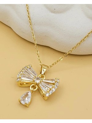 Nevoka Zirkon Taşlı Fiyonk Gold Renk Kolye