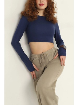 Mossta Bisiklet Yaka Parmak Geçmeli Crop Bluz Lacivert