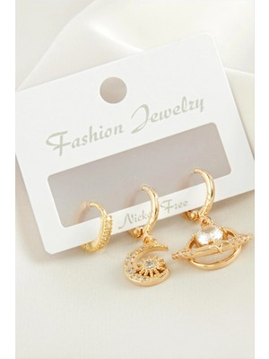 Marsilyan 3 Adet Hilal Yıldız Zirkon Taşlı Küpe