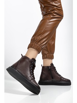Dilimler Ayakkabı Hakiki Deri Kalın Taban Halka Bağcıklı Kahverengi Kadın Bot