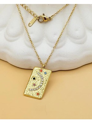 Nevoka Astraya Sembol Çelik Gold Dikdörtgen Kolye