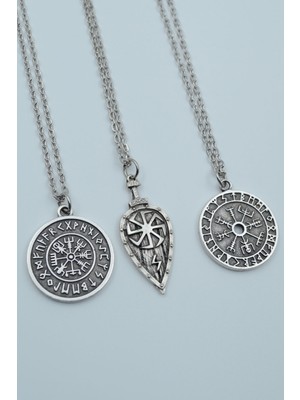 Alooya 3'lü Viking Pusula Viking Kalkan Tılsım Gümüş Kaplama Kolye Seti