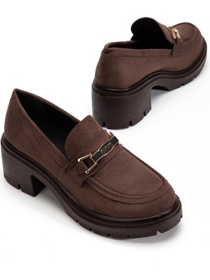 Dilimler Ayakkabı Kahverengi Süet Kadın Kalın Topuklu Günlük Ayakkabı Kalın Taban Tokalı