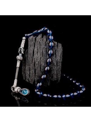 1000 Ayar Gümüş Püsküllü Arpa Kesim Mavi Renk Ateş Kehribar Tesbih