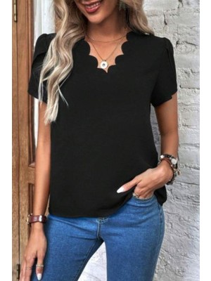 Mossta Kısa Kollu V Yaka Krep Bluz - Siyah