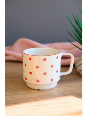 Tabak Evi Porselen Kalp Desenli Istifli Kupa Kırmızı Fileli 250CC